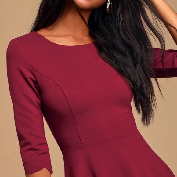 Lulus Cumulonimbus Clouds Burgundy Scalloped Skater Dress S - Picture 2 of 12